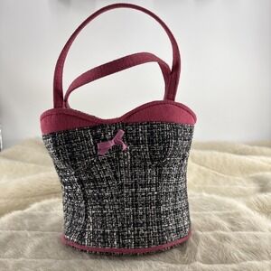 RARE VINTAGE Y2K Corset Bustier Handbag Twill Pink Suede Novelty Purse 7"x7.5"